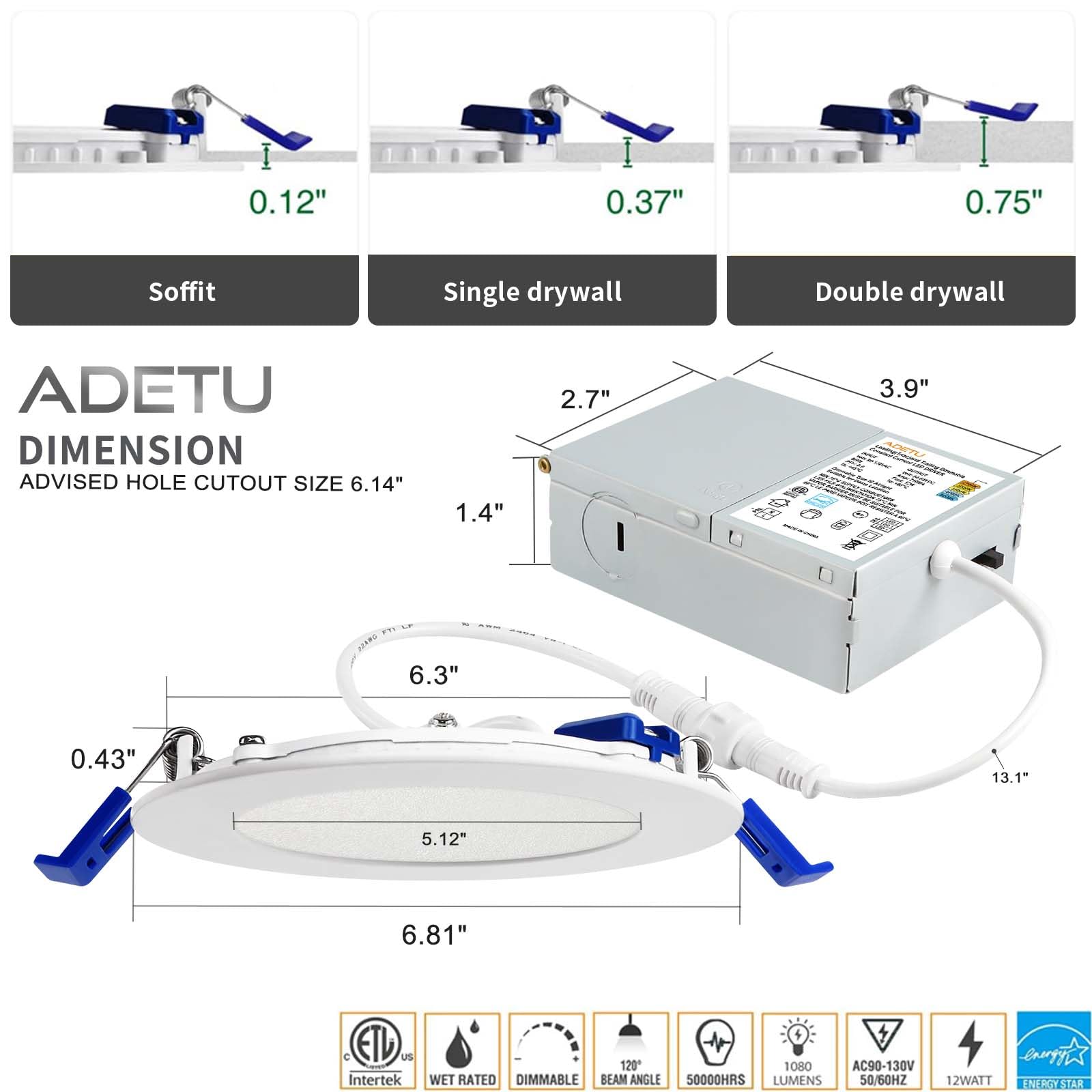 Adetu 12 Pack Recessed Lighting 6 Inch, 5CCT Ultra-Thin Recessed Light Fixtures with Junction Box, CRI 85>, 13W 1080LM, LED Ceiling Light - ETL Energy Star