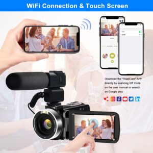 lovpo 4K Video Camera, Camcorder 48MP Ultra HD WiFi Vlogging Camera for YouTube 18X Zoom 3.0" Touch Screen Digital Camera with Microphone, Stabilizer, Lens Hood, Remote, 2 Batteries