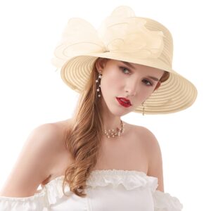 haoohu women's church derby hat wide brim bow bucket hat wedding dress hat fascinator bridal tea party hat beige