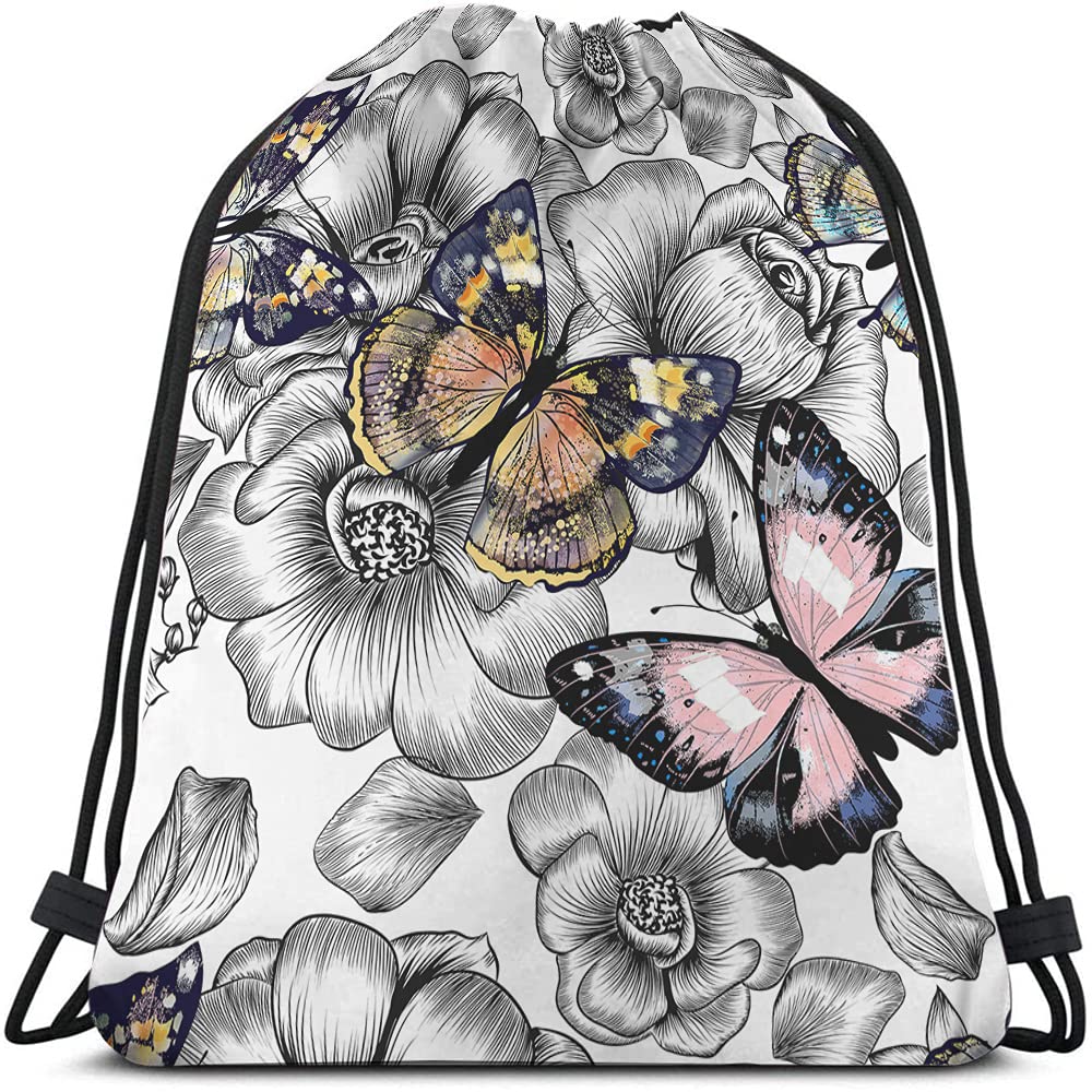 Beabes Colorful Butterflies Drawstring Bags Backpack Bag Flowers Bird Animal Beautiful Wings Magic Art Hand Painted Sport Gym Sack Drawstring Bag String Bag Yoga Bag for Men Women