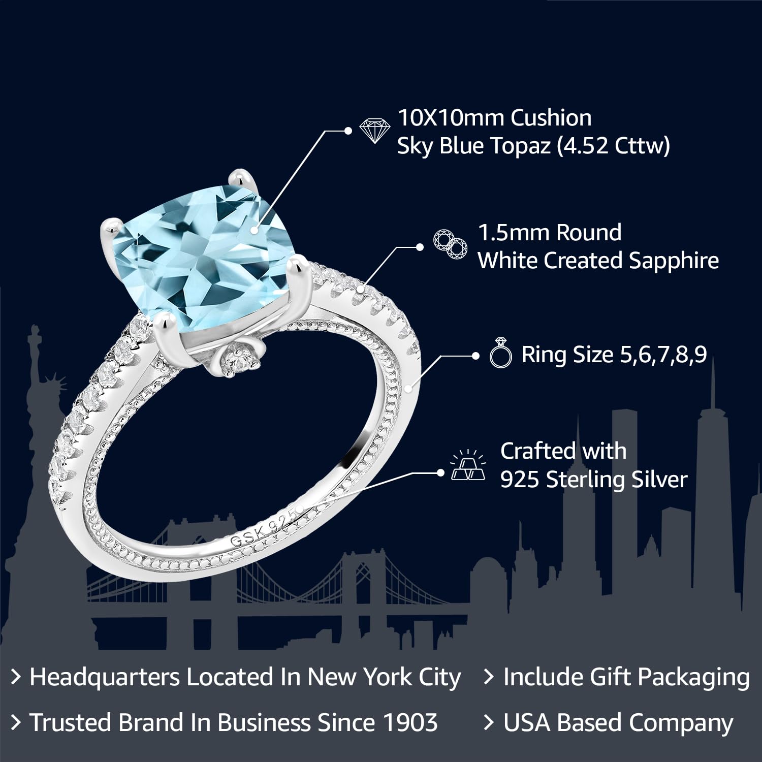 Gem Stone King 925 Sterling Silver Sky Blue Topaz and White Created Sapphire Ring For Women (4.52 Cttw, Cushion 10MM, Available in size 5, 6, 7, 8, 9)