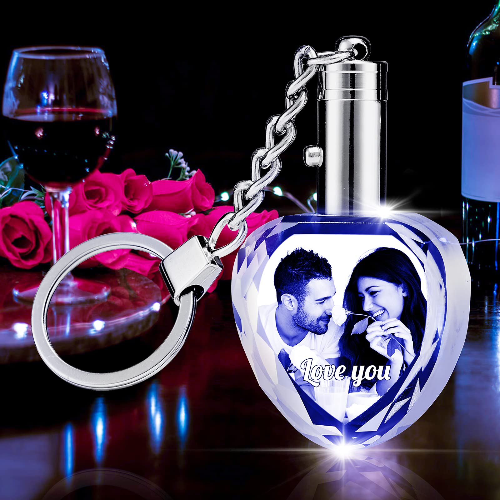 XJone Personalized Custom Crystal Keychain with Picture Photo Customized Engraved Keyring with LED Light