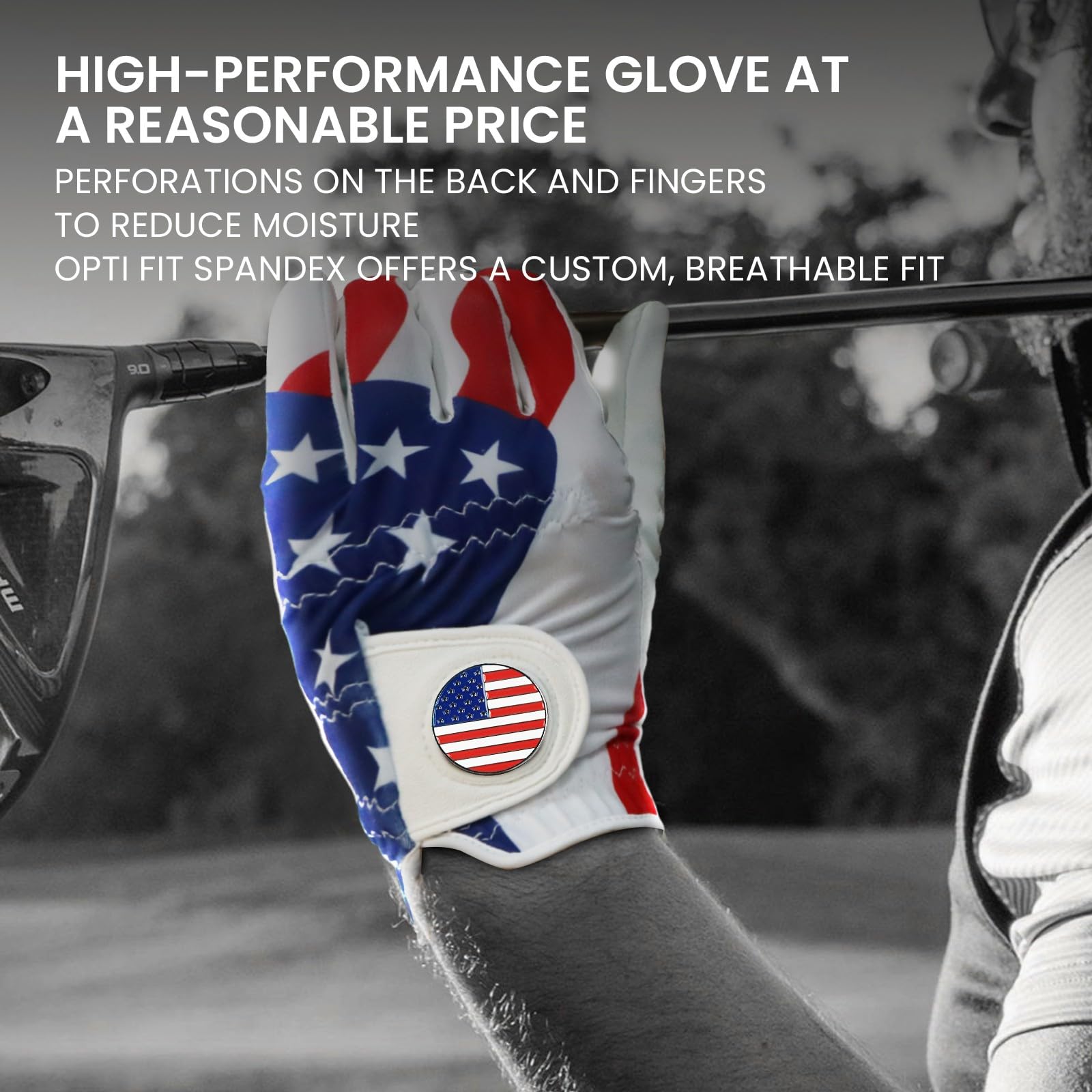 FINGER TEN Golf Gloves Men Left Hand Right Leather with Ball Marker USA Flag Pack, Mens Golf Glove All Weather Grip, Fit Size Small Medium ML Large XL (USA Flag, Large, Left)