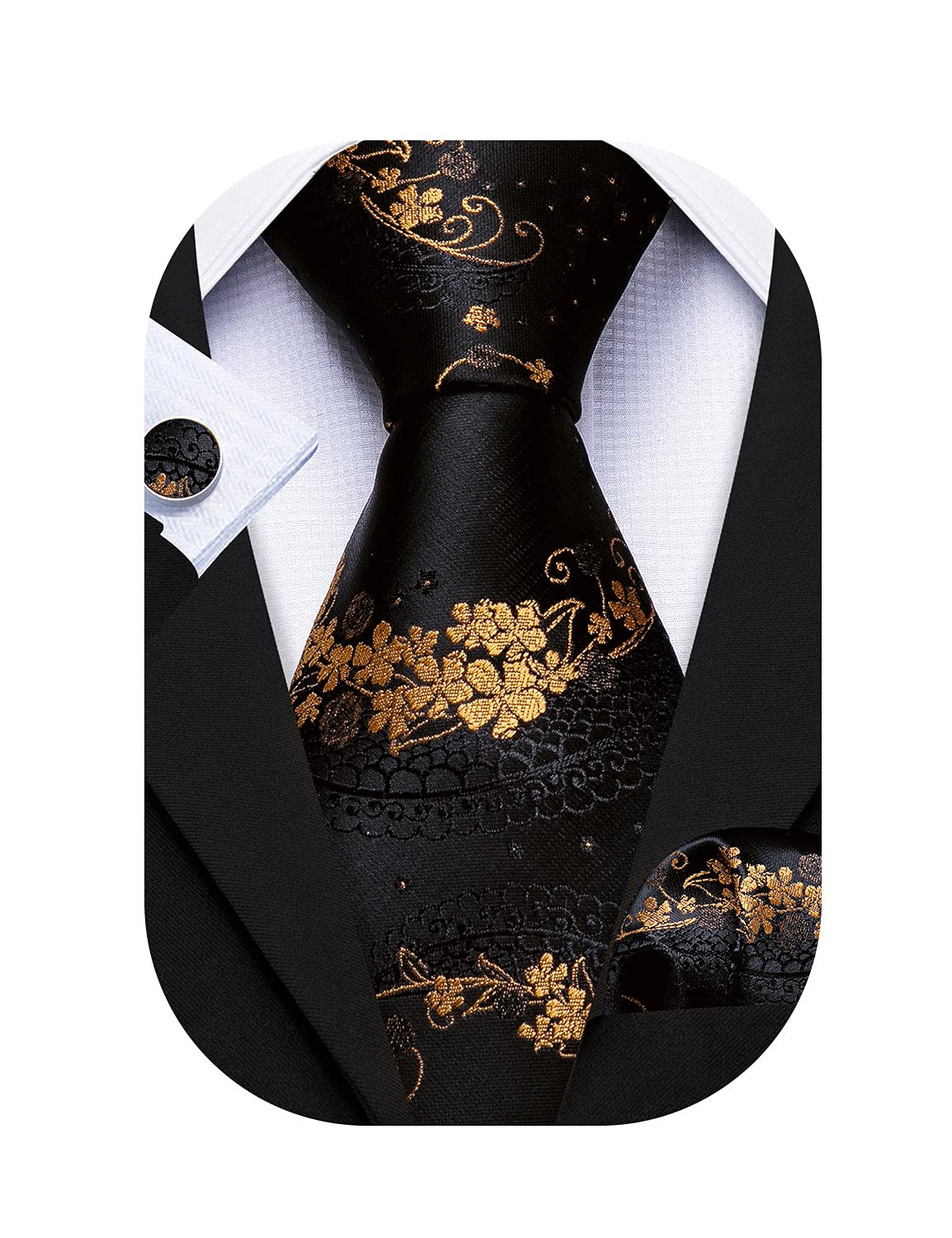 Barry.Wang Flower Ties for Men Handkerchief Cufflinks Set Wedding Necktie Set Party