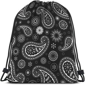 Beabes Paisley Pattern Drawstring Bags Backpack Bag Black White Floral Ethnic Asian Art Seamless Pattern Sport Gym Sack Drawstring Bag String Bag Yoga Bag for Men Women