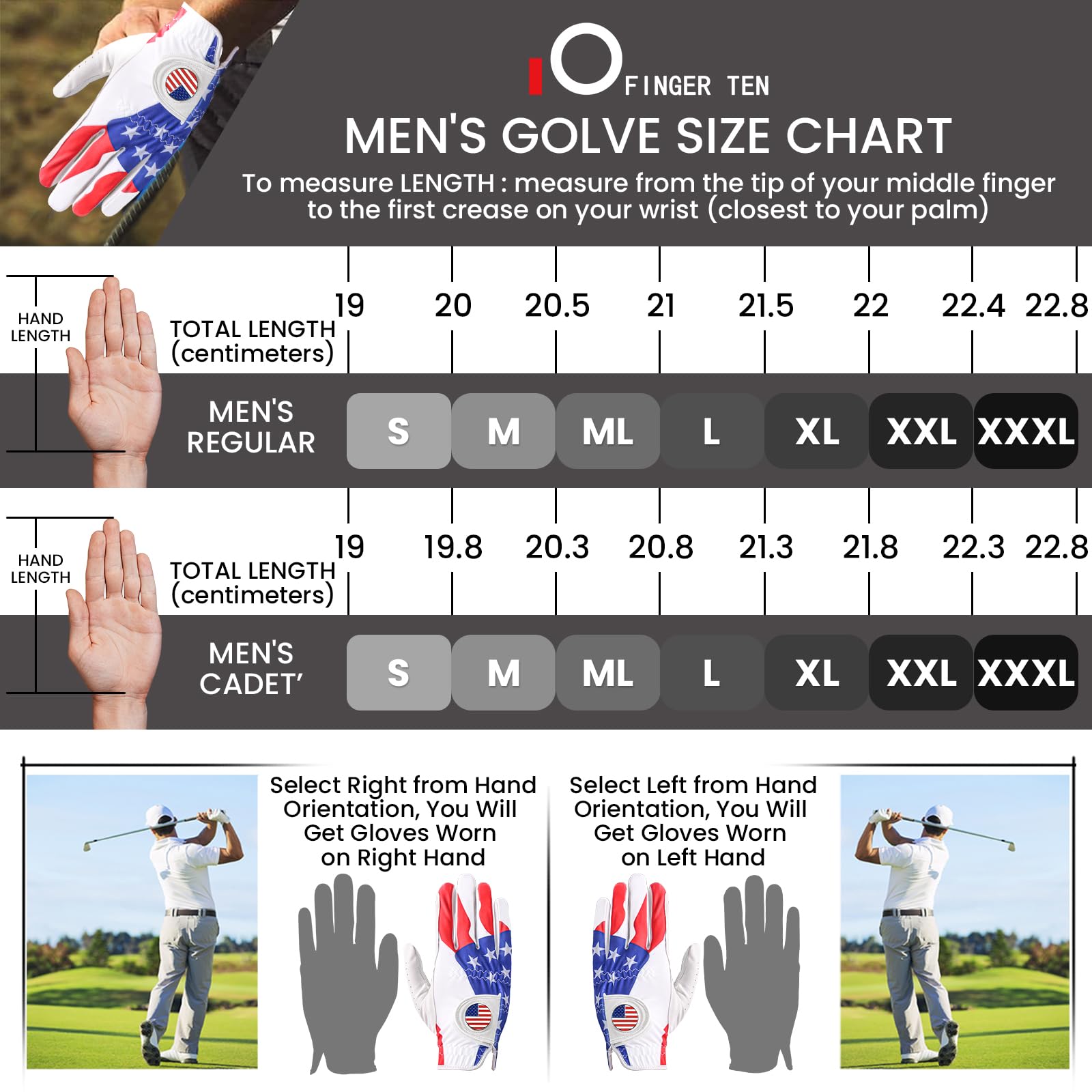 FINGER TEN Golf Gloves Men Left Hand Right Leather with Ball Marker USA Flag Pack, Mens Golf Glove All Weather Grip, Fit Size Small Medium ML Large XL (USA Flag, Large, Left)