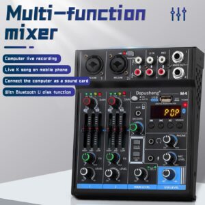 Depusheng M4 Portable Mini Mixer 4-Channel Audio Mixer DJ Console with Sound Card, Bluetooth Function, USB, 48V Phantom Power for PC Recording Webcast Party