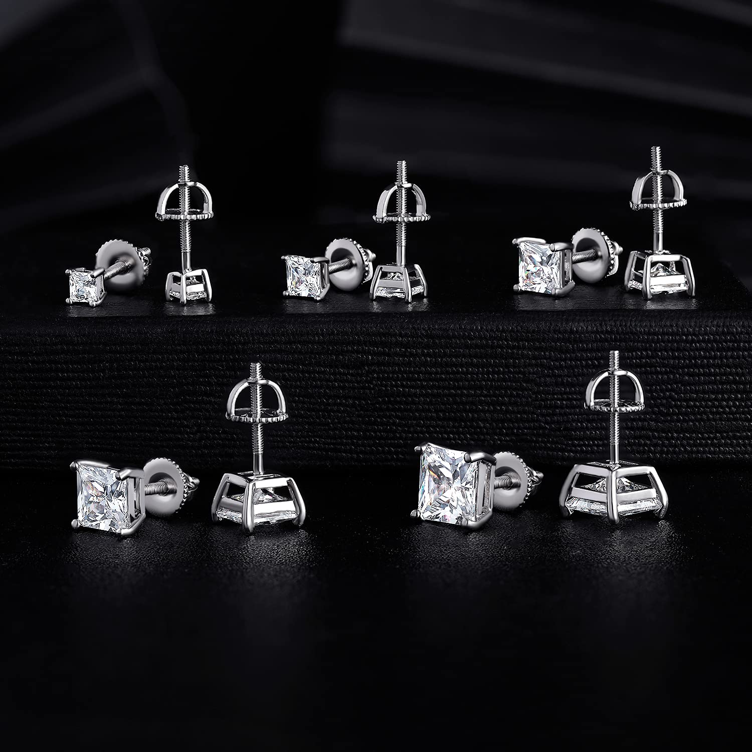 18K Gold Plated Princess Cut Cubic Zirconia Screw Back Stud Earring Pack of 5 Pairs (5 Pairs) (A-White gold)