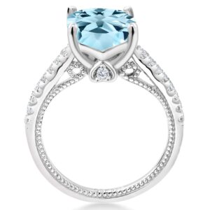 Gem Stone King 925 Sterling Silver Sky Blue Topaz and White Created Sapphire Ring For Women (4.52 Cttw, Cushion 10MM, Available in size 5, 6, 7, 8, 9)