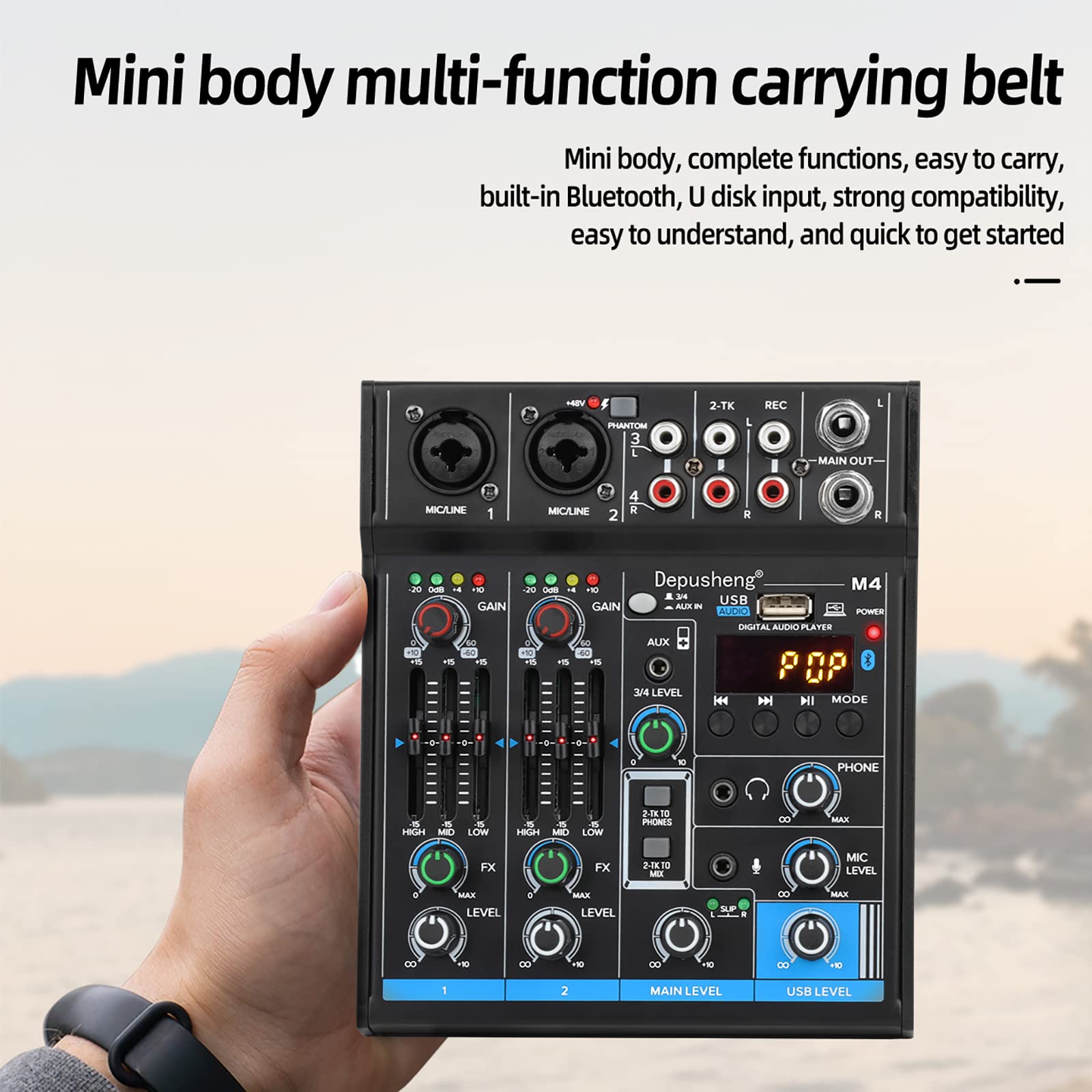 Depusheng M4 Portable Mini Mixer 4-Channel Audio Mixer DJ Console with Sound Card, Bluetooth Function, USB, 48V Phantom Power for PC Recording Webcast Party