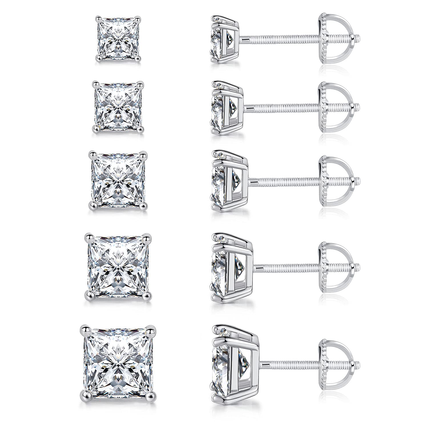 18K Gold Plated Princess Cut Cubic Zirconia Screw Back Stud Earring Pack of 5 Pairs (5 Pairs) (A-White gold)