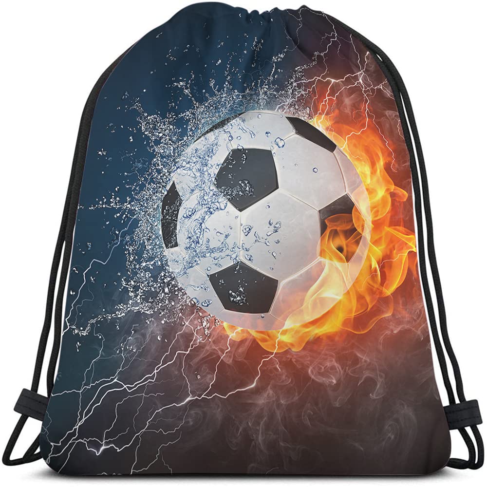 Beabes Soccer Drawstring Bags Backpack Bag Ball In Burning Fire And Water Lightening Sports Passion Football Game Sport Gym Sack Drawstring Bag String Bag Yoga Bag for Men Women