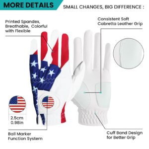 FINGER TEN Golf Gloves Men Left Hand Right Leather with Ball Marker USA Flag Pack, Mens Golf Glove All Weather Grip, Fit Size Small Medium ML Large XL (USA Flag, Large, Left)