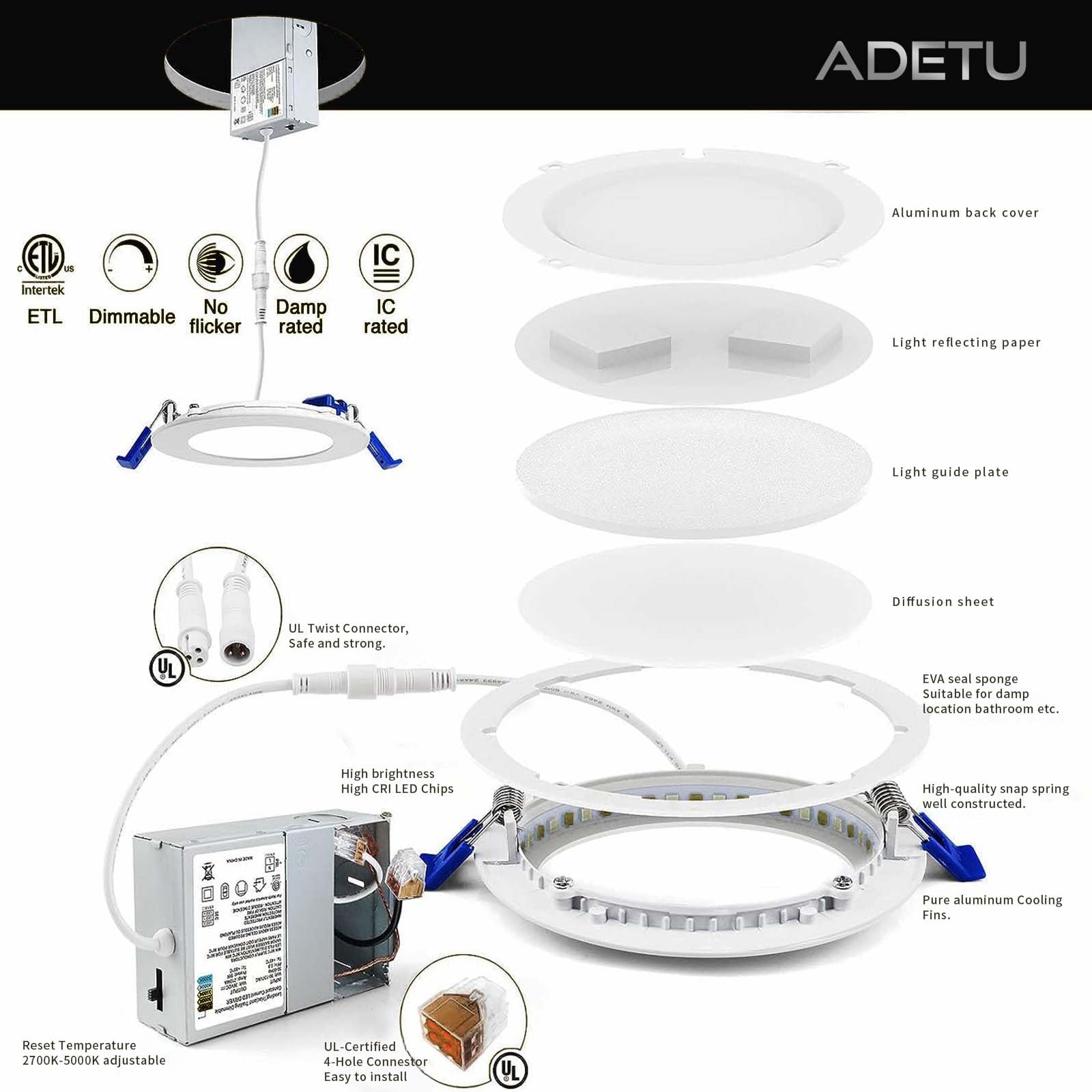 Adetu 12 Pack Recessed Lighting 6 Inch, 5CCT Ultra-Thin Recessed Light Fixtures with Junction Box, CRI 85>, 13W 1080LM, LED Ceiling Light - ETL Energy Star