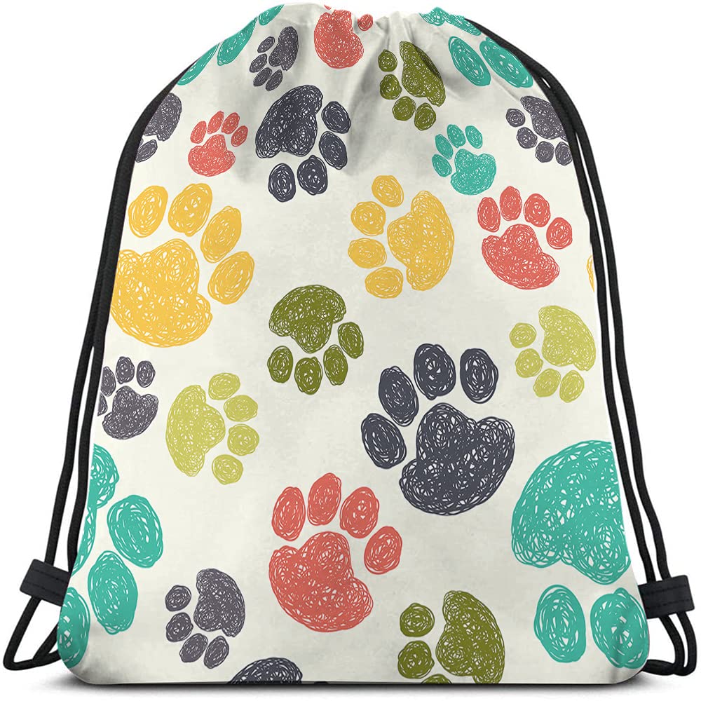 Beabes Paw Pattern Drawstring Bags Backpack Bag Cute Colorful Hand Drawn Doodle Prints Pet Puppy Footprint Drawing Sport Gym Sack Drawstring Bag String Bag Yoga Bag for Men Women