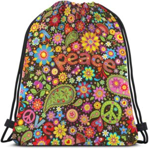 beabes peace drawstring bags backpack bag sign symbol love hippie colorful floral butterfly paisley heart leaf sport gym sack drawstring bag string bag yoga bag for men women