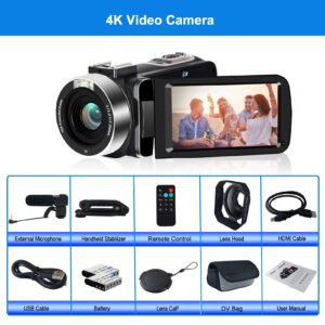 lovpo 4K Video Camera, Camcorder 48MP Ultra HD WiFi Vlogging Camera for YouTube 18X Zoom 3.0" Touch Screen Digital Camera with Microphone, Stabilizer, Lens Hood, Remote, 2 Batteries