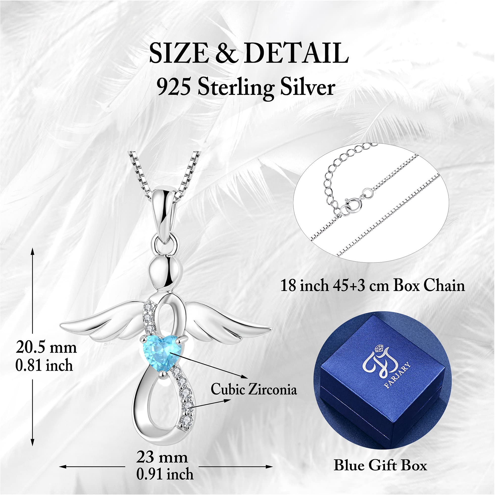 FJ Guardian Angel Necklace 925 Sterling Silver Infinity Aquamarine Necklace March Birthstone Pendant Angel Jewelry Gifts for Women