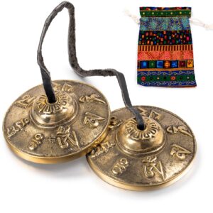 Boao Tibetan Tingsha Cymbals Meditation Chime Bells with Tibetan Drawstring Cloth Bag, 6.3 cm Meditation Chime Bells, for Percussion Instrument(Om Mane Padme Hum Symbols Embossed)