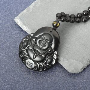 ASGIFT Laughing Buddha Necklace Black Obsidian Buddha Pendant with Adjustable Bead Chain Large Lucky Buddah Necklaces Jewelry for Men Women