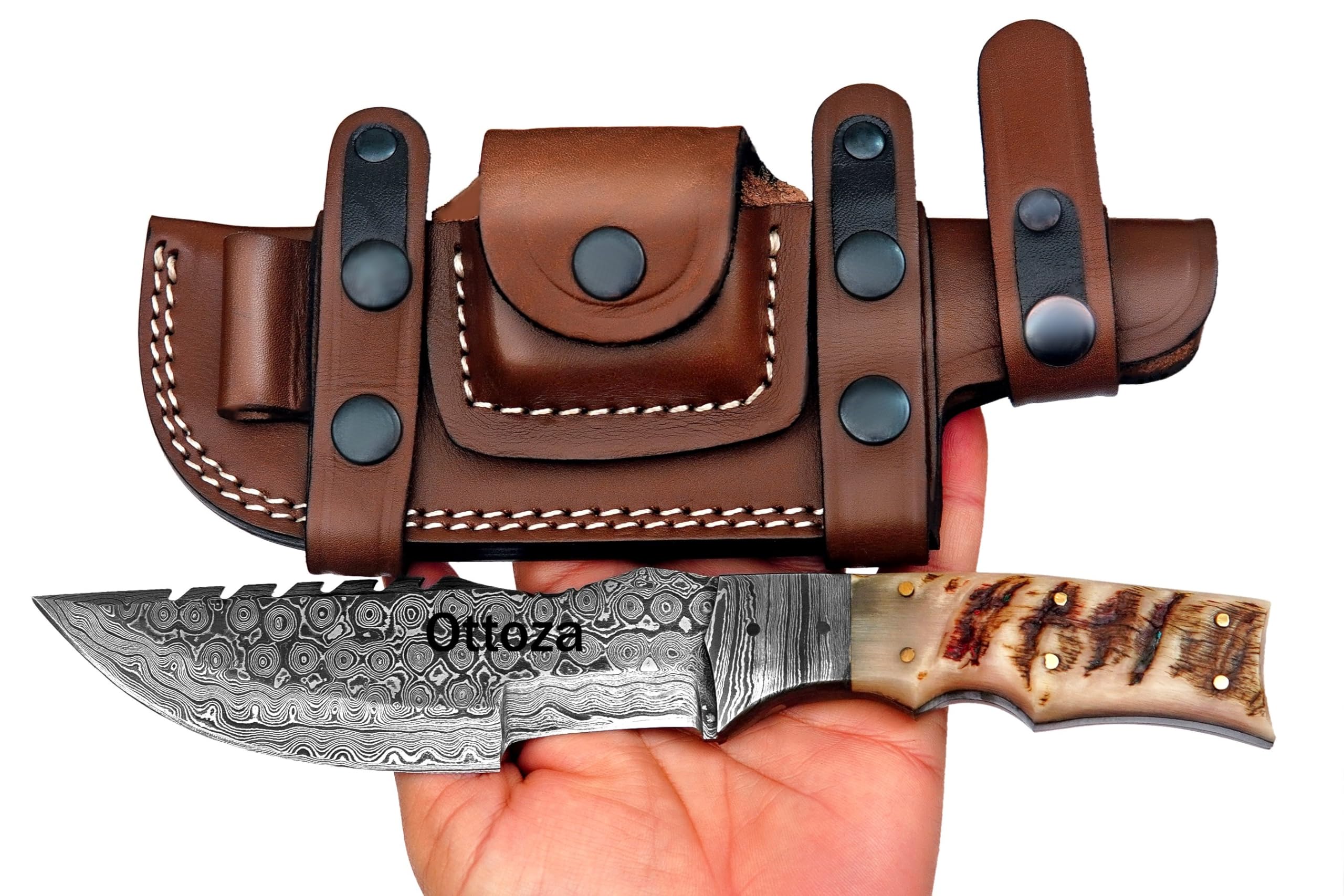 Ottoza Tracker Knife & Ram Horn Handle - Damascus Hunting Knife - Horizontal Carry Knife Sheath 262