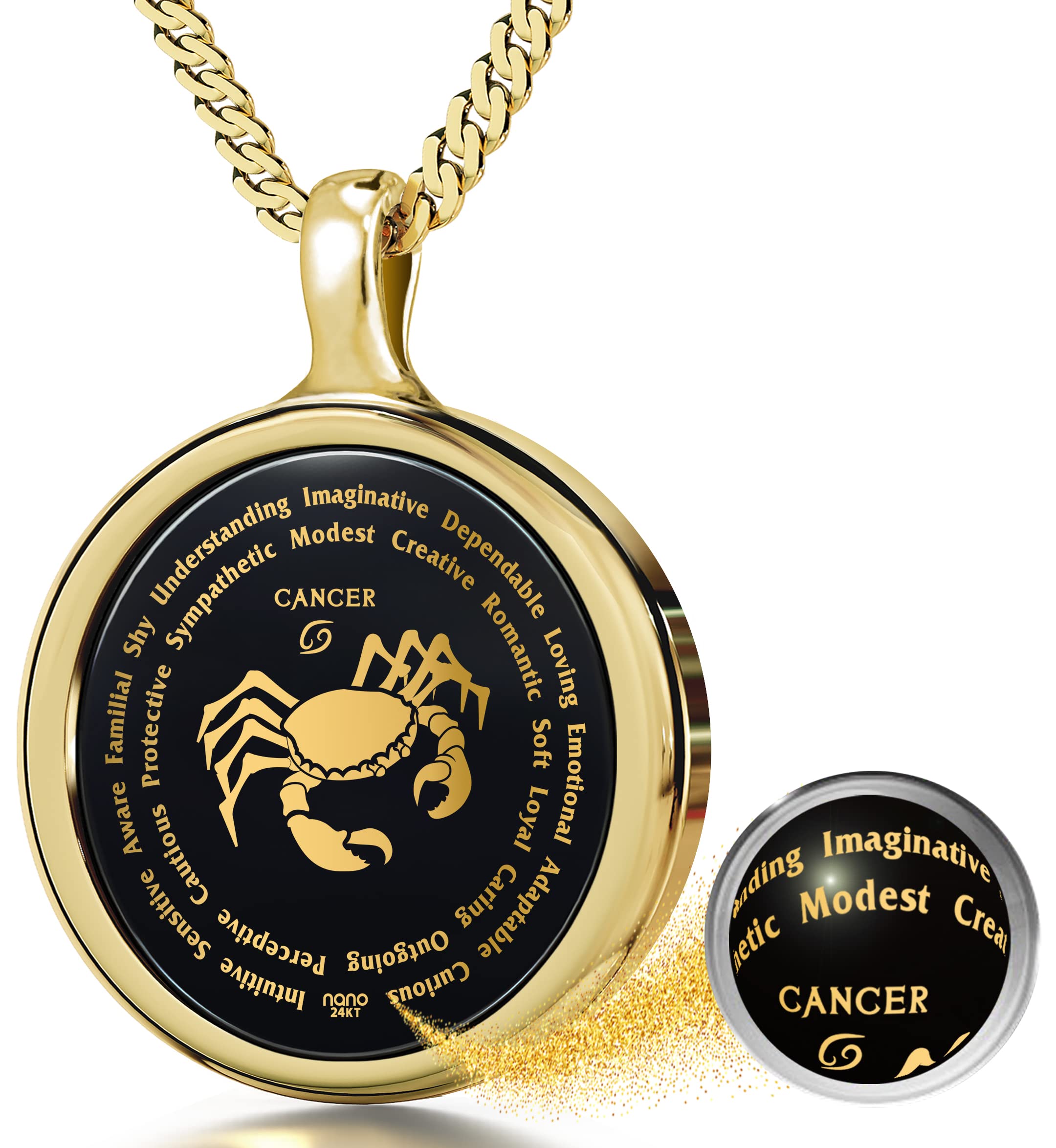 Gold Plated Silver Cancer Necklace Zodiac Pendant Star Sign Birthdays 22nd June to 22nd July Jewelry Inscribed in 24k Gold on Black Onyx Gemstone, 18" Rolo Chain