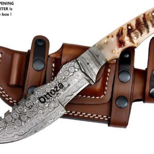 Ottoza Tracker Knife & Ram Horn Handle - Damascus Hunting Knife - Horizontal Carry Knife Sheath 262