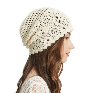 ZLYC Women Cotton Crochet Slouchy Beanie Hat Handmade Knit Cutout Summer Floral Skull Cap (Solid Beige)