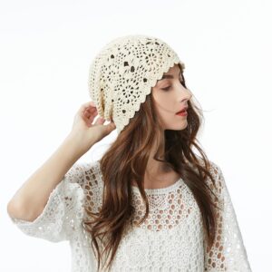 ZLYC Women Cotton Crochet Slouchy Beanie Hat Handmade Knit Cutout Summer Floral Skull Cap (Solid Beige)