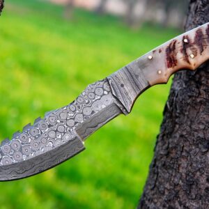 Ottoza Tracker Knife & Ram Horn Handle - Damascus Hunting Knife - Horizontal Carry Knife Sheath 262