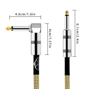 EASTROCK 1/4 inch Guitar Instrument Cable 10/20 Foot Right Angle to Straight Tweed Cloth Jacket Guitar Cable Input for Electric Guitar, Bass, Amp, Keyboard, Mandolin, Mixing Desks (10 Foot Yellow)