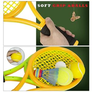 Kids Tennis Rackets with Carrying Bag,Soft Training Balls and Badminton Birdies,12 in 1 Tennis Racquets Gift Set for Children Outdoor Indoor Sports (Green+Yellow,Plastic,17inch)