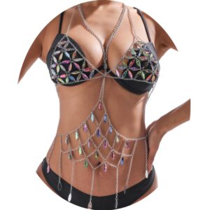 urieo sparkly rhinestone bra chain colorful crystal chest chains blkini sexy nightclub beach party rave body jewelry for women