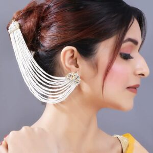 I Jewels Gold Plated Indian Wedding Bollywood Multi Strand Ear Chain With Pearl For Women (E2882W)