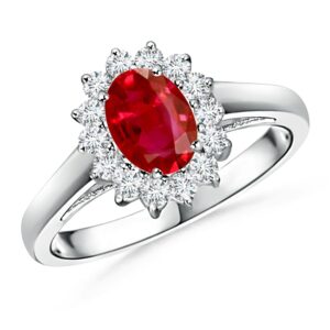 angara princess diana inspired natural ruby ring for women with diamond halo in 14k white gold for wedding, anniversary, engagement (stone size-5x3mm, stone wt-0.25, ring size-6.5) - july birthstone