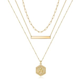 turandoss gold layered initial necklaces for women, handmade 14k gold plated cute bar necklace layering bead chain hexagon letter initial necklace layered necklaces for women gold jewelry gifts (a)