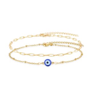 Tarsus Blue Evil Eye Bracelet for Women Adjustable Ojo Turco Kabbalah Amulet Nazar Layered 14K Gold Plated Bracelets