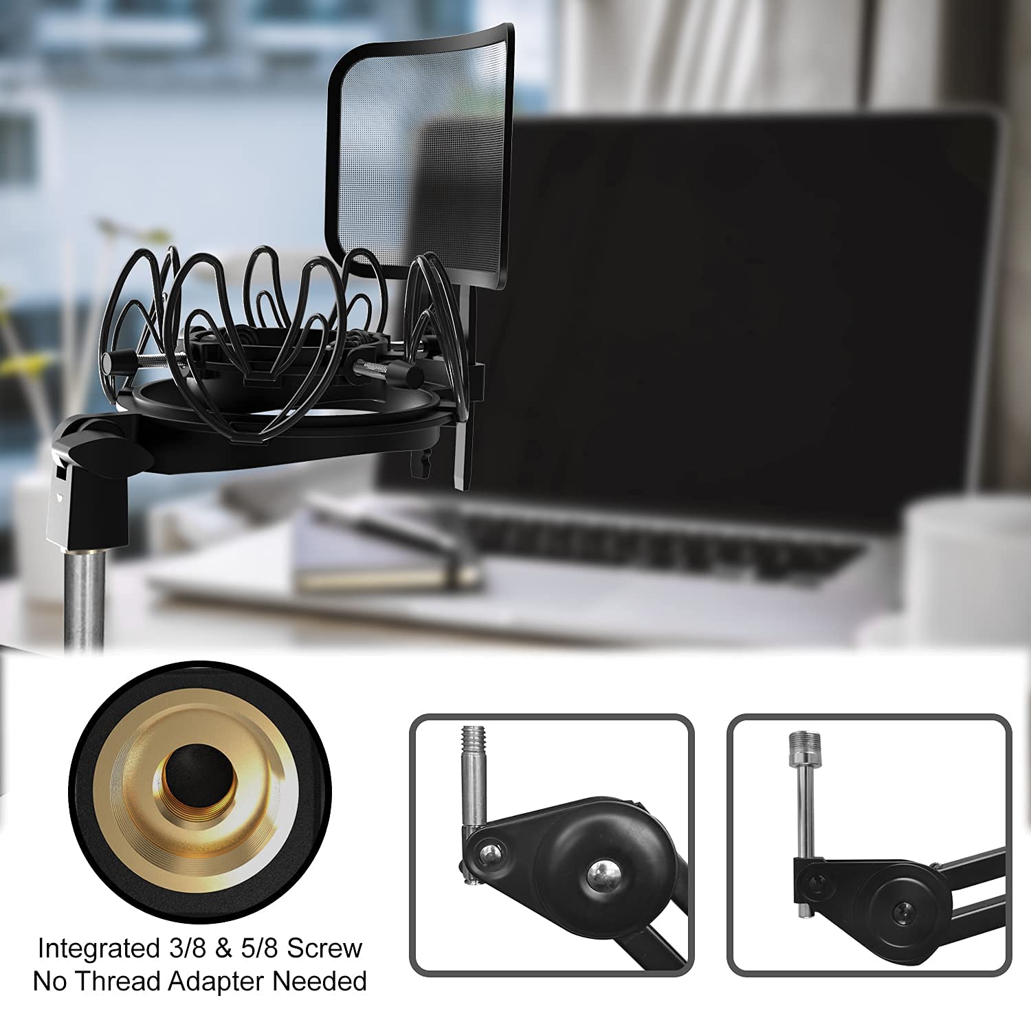 Mictop Universal Microphone Shock Mount with Pop Filter for All Microphones Size at 21mm-62mm, Includes Anti-Vibration Mic Holder and Pop Filter (Black)