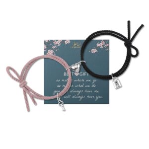 liforlove heart bracelet for women mutual attraction couple bracelets distance relationship her rubber rope bracelet (black & pink, key lock pendant)