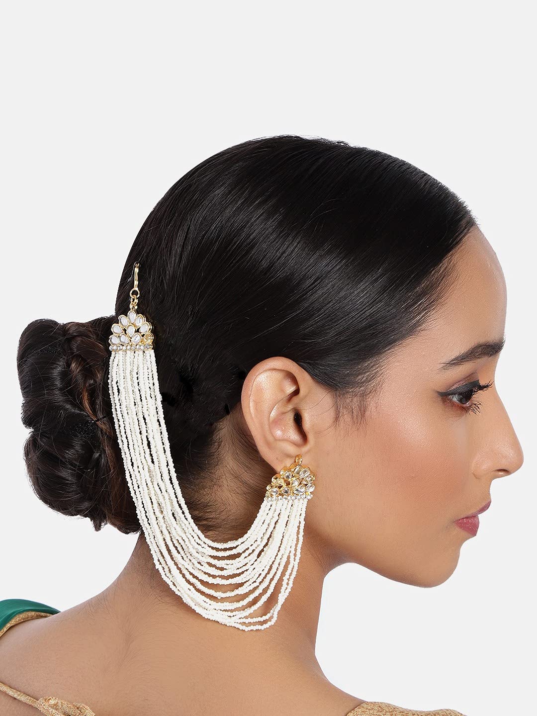 I Jewels Gold Plated Indian Wedding Bollywood Multi Strand Ear Chain With Pearl For Women (E2882W)