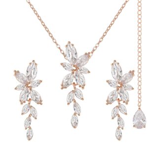 sweetv marquise wedding jewelry set for bride bridesmaids, rose gold bridal jewelry set for wedding, cubic zirconia crystal necklace earrings set for women