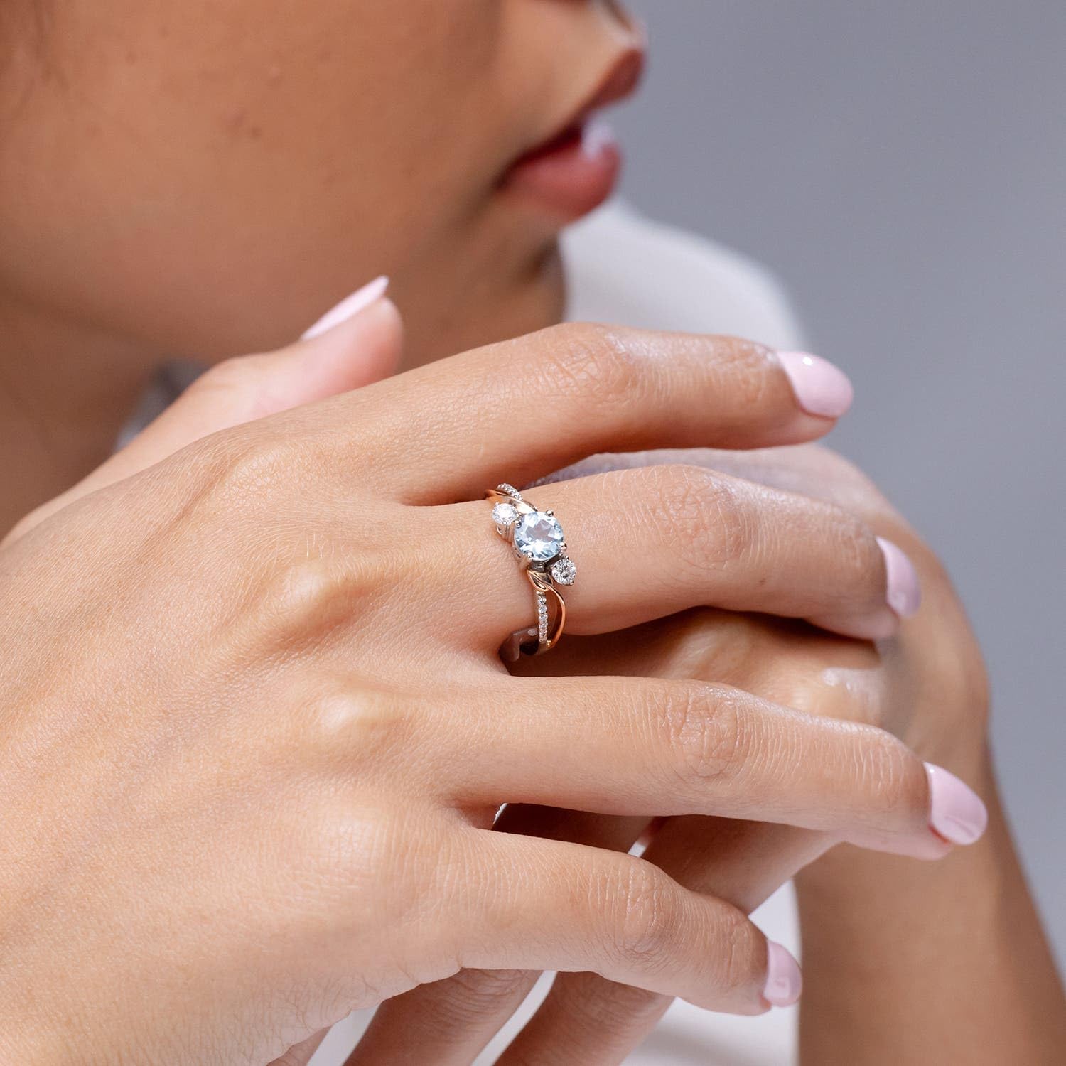 Angara Aquamarine and Diamond Twisted Vine Ring in 14K White & Rose Gold (5mm Aquamarine) March Birthstone