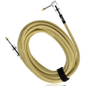 EASTROCK 1/4 inch Guitar Instrument Cable 10/20 Foot Right Angle to Straight Tweed Cloth Jacket Guitar Cable Input for Electric Guitar, Bass, Amp, Keyboard, Mandolin, Mixing Desks (10 Foot Yellow)