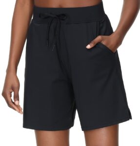 women's bermuda shorts athletic long loose fit shorts with pockets drawstring lounge shorts for walking workout yoga (black, x-large)