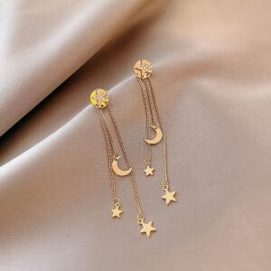 Asymmetrical Star Moon Tassel Drop Dangle Earrings for Women Dainty Long Lucky Star Crescent Planet Chain Tassel Earrings (Gold:A)