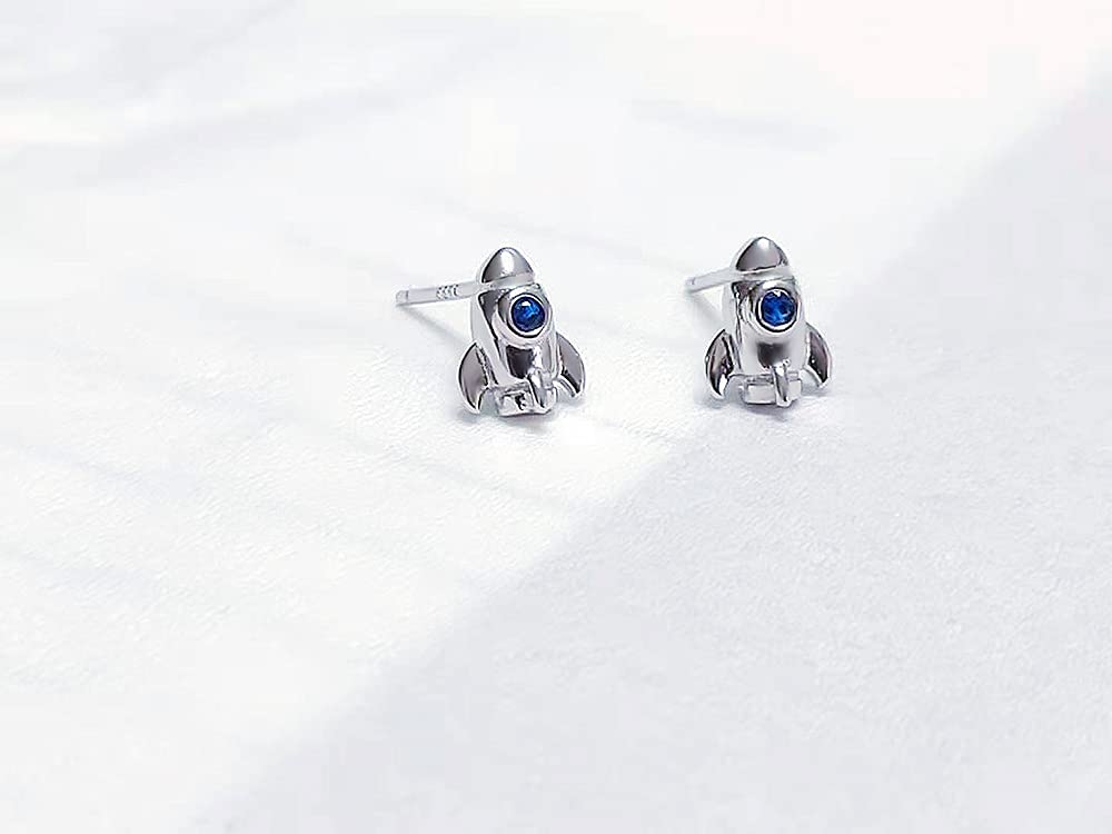 Cute Rocket Stud Earrings for Women Teen Girls 925 Sterling Silver Blue Cubic Zirconia Tiny Small Spaceship Earring Cartilage Tragus Post Pin Studs Hypoallergenic Earring Unique Birthday Gift for Daughter Niece