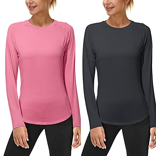 (Size:XL) 2 Pack Womens Long Sleeve UV Sun Shirts UPF 50+ Workout Swim Rash Guard Tops