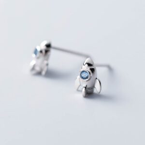 Cute Rocket Stud Earrings for Women Teen Girls 925 Sterling Silver Blue Cubic Zirconia Tiny Small Spaceship Earring Cartilage Tragus Post Pin Studs Hypoallergenic Earring Unique Birthday Gift for Daughter Niece