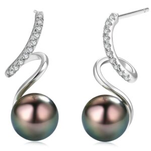 CHAULRI Spiral Love Drop Earrings AAA Quality Genuine Tahitian Black Pearl 8-9mm 18K Gold Plated 925 Sterling Silver – Birthday Anniversary Jewelry Gifts for Women