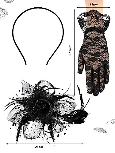 Sintege Fascinators Hat for Girl Tea Party Lace Gloves Black Cocktail Veil Mesh Feathers Hair Clip for Kids Halloween (Cute Style)